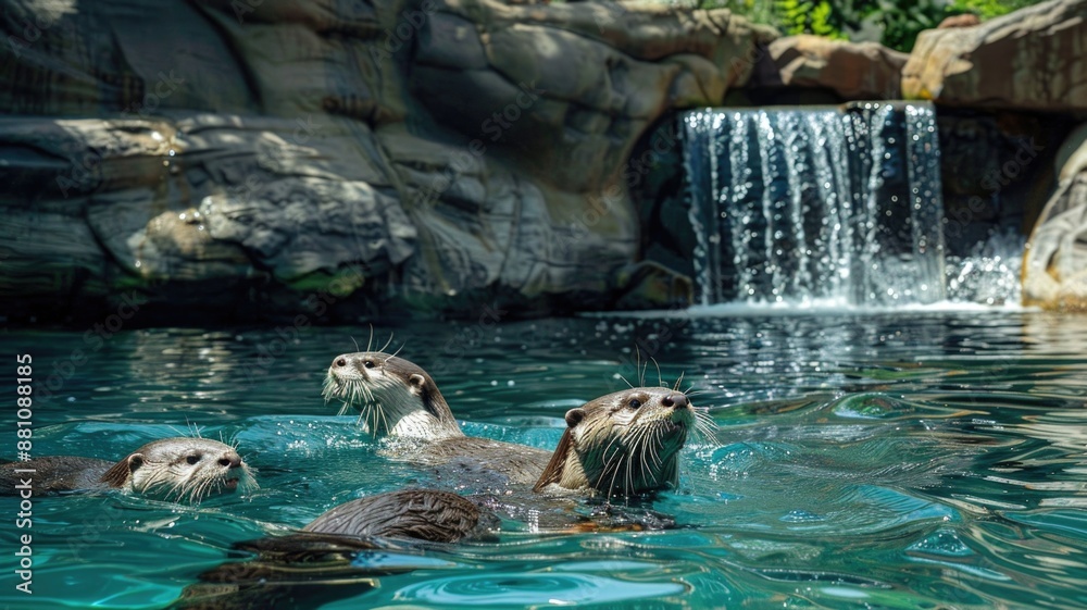 Fototapeta premium A playful family of otters swimming in a large, naturalistic zoo habitat with a waterfall