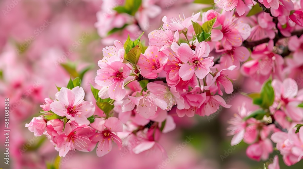 Pink cherry blossoms on tree branches with green foliage Pink cherry blossoms on tree branches with green foliage
