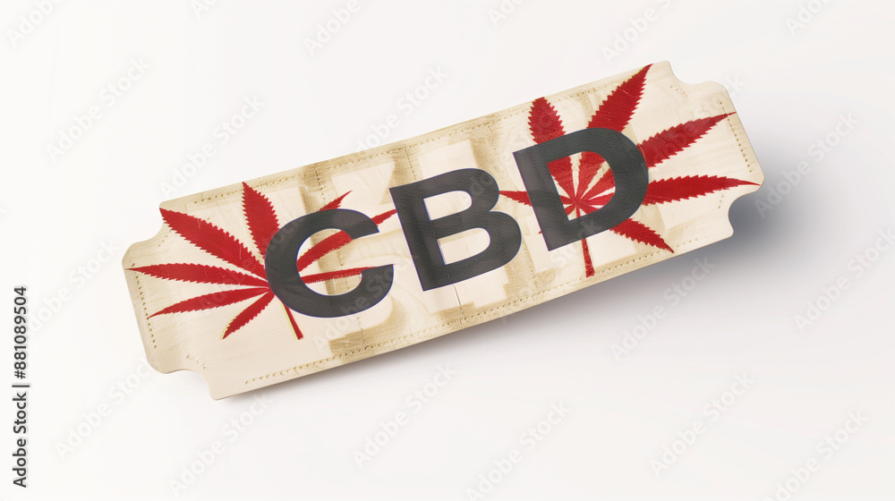 Fototapeta premium CBD Ticket to Wellness: A vintage-style ticket with red marijuana leaves and the word 