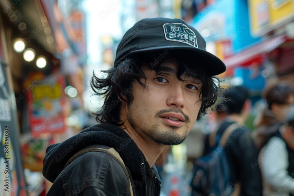 Young man in a bustling street market