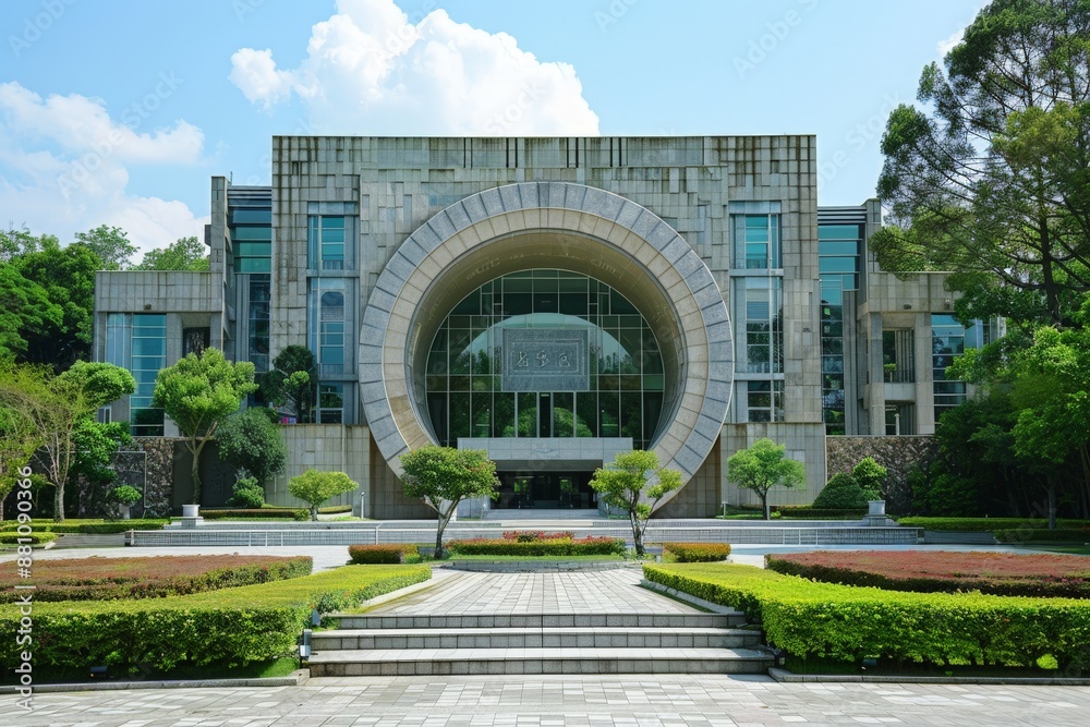 Fototapeta premium Modern architectural building with lush garden