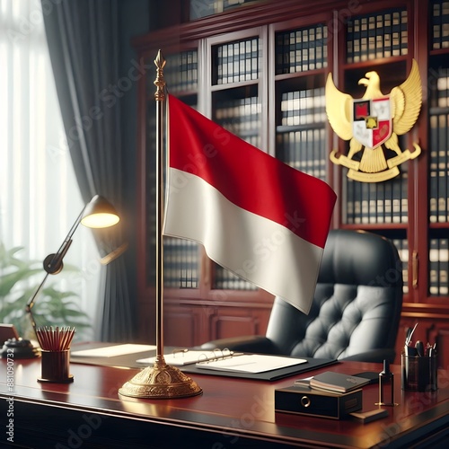 Indonesian Flag Displayed on a wooden Desk in a Formal Office Setting