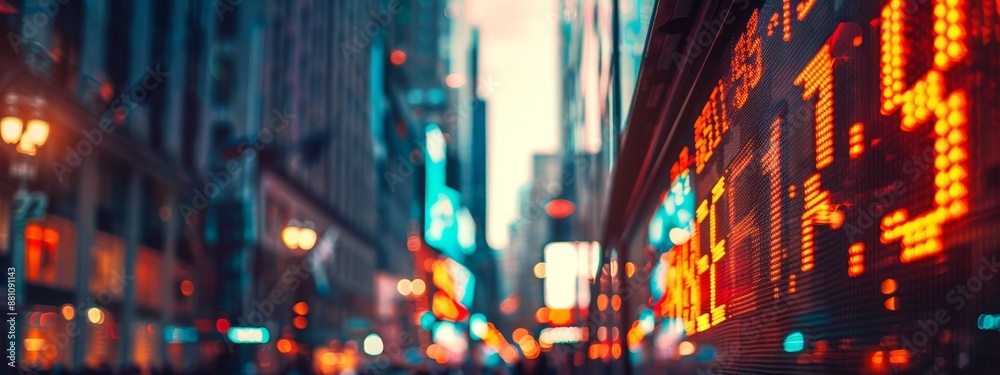 Obraz premium financial stock screen display trade market. outside in city street. people walking economical business company growth. numbers glowing. banner wallpaper background for ads, web design, print, sites