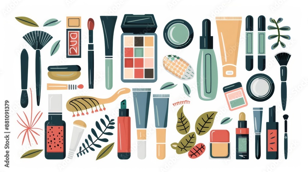 Iconic illustration of beauty essentials, arranged centrally for impactful advertising, on a white background Iconic illustration of beauty essentials, arranged centrally for impactful advertising, on a white background