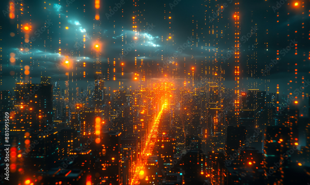 Obraz premium Futuristic Smart City in Metaverse: A Hub of Technology, Innovation, and Advancement at Night with Cyber Elements and Glowing Data Streams