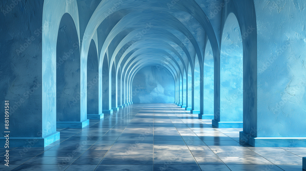 Fototapeta premium Majestic Blue Arched Hallway with Soft Sunlight & Shadows Architecture Background Wallpaper