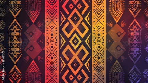 Gradient backdrop with tribal patterns, earthy tones, vector art, cultural and vibrant for ethnic product advertisements