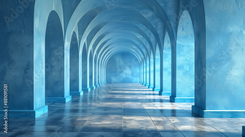 Majestic Blue Arched Hallway with Soft Sunlight & Shadows Architecture Background Wallpaper