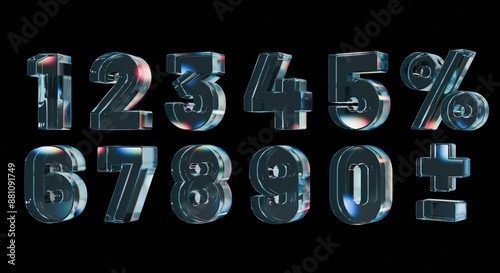 glass numbers set 3d render dispersion trendy design	