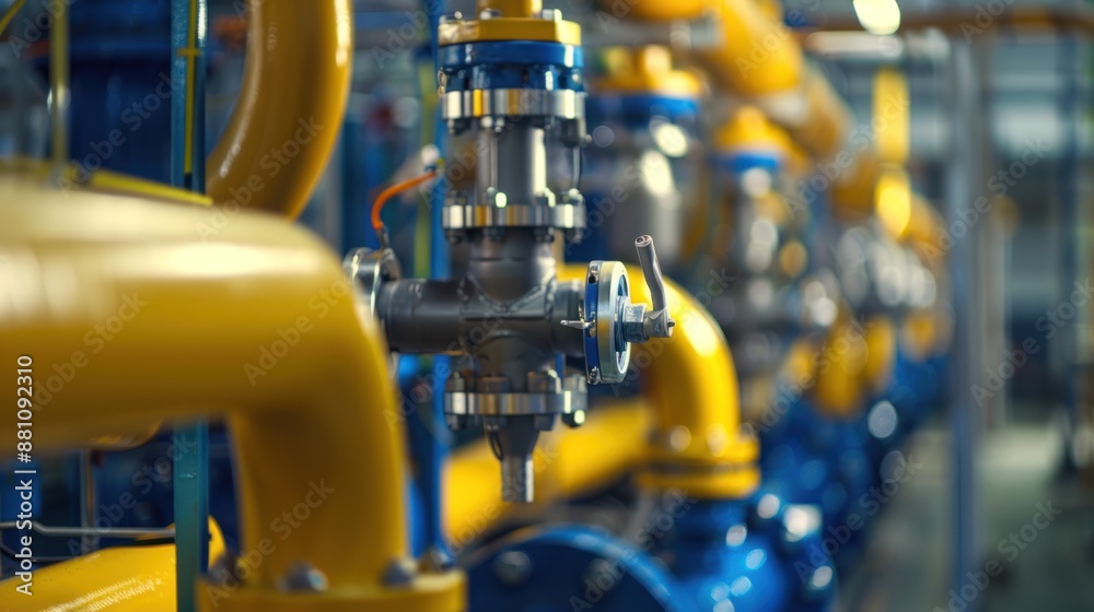 Close-Up of a Yellow and Blue Industrial Valve System Close-Up of a Yellow and Blue Industrial Valve System