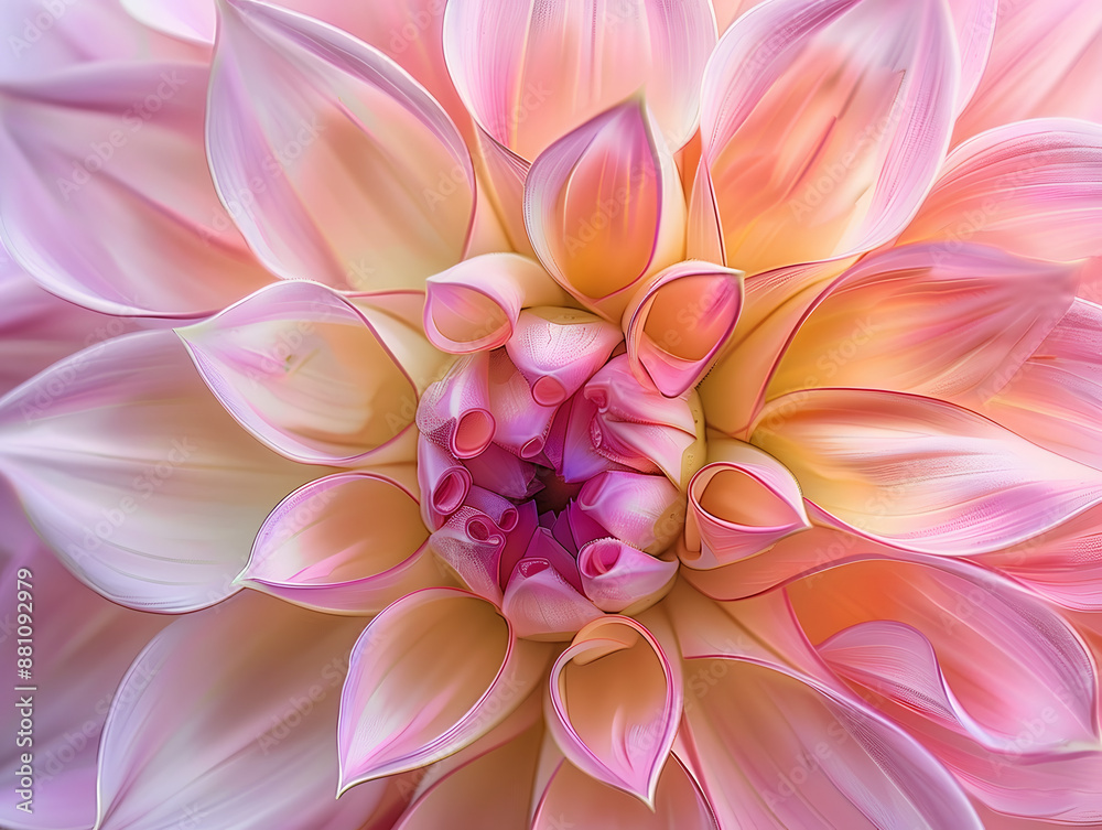 Delicate, soft pink petals of a dahlia flower unfurl from the center, showcasing intricate texture and subtle color gradations in this intimate, macro botanical portrait. Delicate, soft pink petals of a dahlia flower unfurl from the center, showcasing intricate texture and subtle color gradations in this intimate, macro botanical portrait.