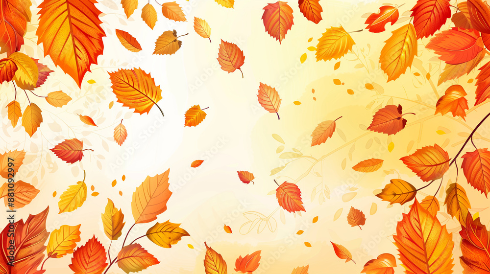 Obraz premium Autumn Leaves Dance: A gentle breeze carries vibrant autumn leaves in a mesmerizing dance, creating a picturesque backdrop of warm colors and gentle movement. 
