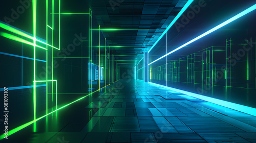 Dynamic and vibrant neon lights illuminate a futuristic digital corridor, immersing viewers in a cyberpunk atmosphere with vivid blue and green hues, conveying a hightech feel