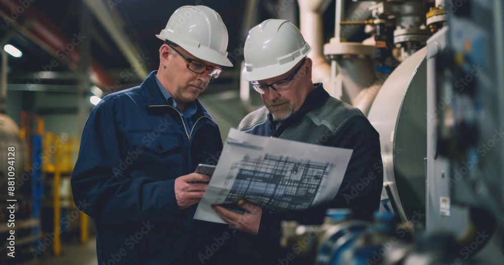 Two engineers in hard hats examining blueprints and documents in an industrial facility