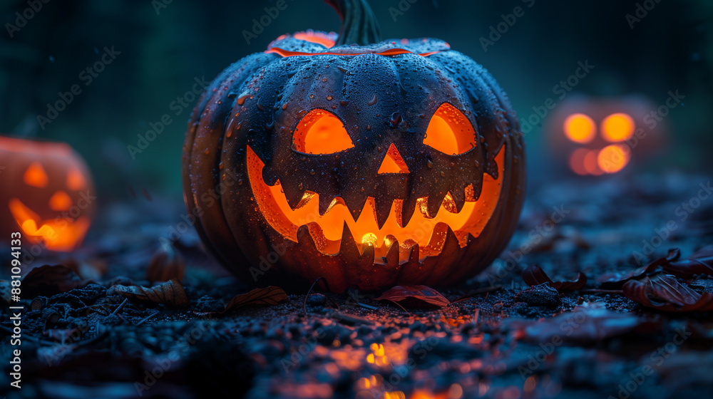 A spooky carved pumpkin with a glowing smile, lit by a candle inside, is a classic Halloween decoration A spooky carved pumpkin with a glowing smile, lit by a candle inside, is a classic Halloween decoration