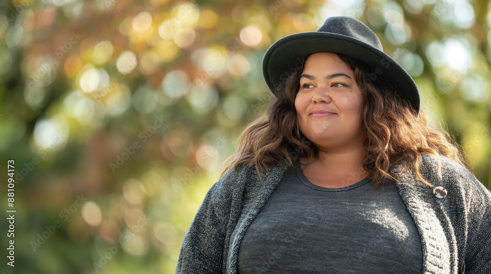 Plus size model in a hat on the street Plus size model in a hat on the street