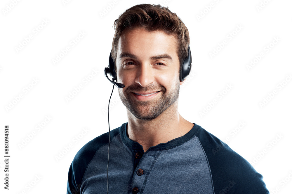 Man, headset and proud in studio as call center agent in white background for customer service. Employee, portrait and confident with microphone for crm with smile for client support and advice Man, headset and proud in studio as call center agent in white background for customer service. Employee, portrait and confident with microphone for crm with smile for client support and advice