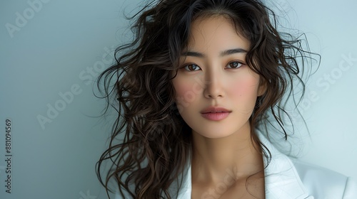 Lovely Asian entrepreneur with curly long hair and flawless Korean makeup, in a white suit, posing elegantly on a solid background