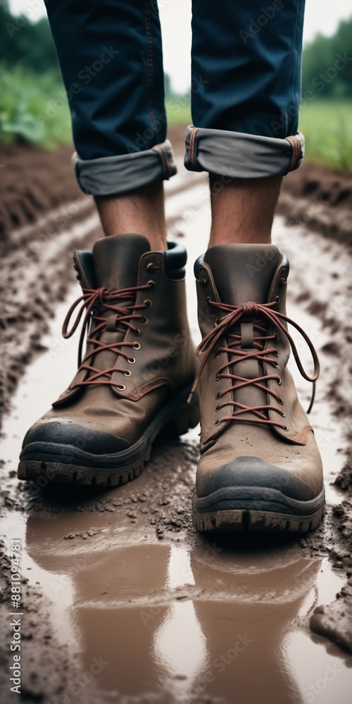 Person feet in trekking shoes walking swamp mud. Person feet in trekking shoes walking swamp mud.