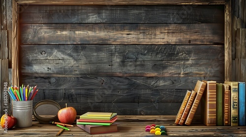 Rustic wooden background with books pencils and an apple photo