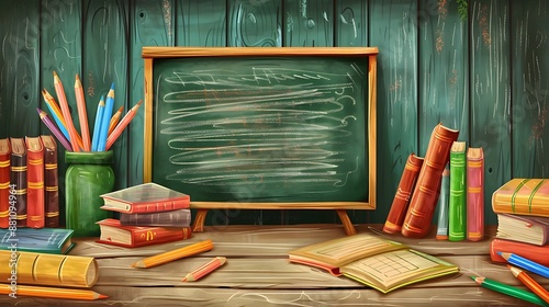 Vintage school supplies on a wooden table with a chalkboard background photo