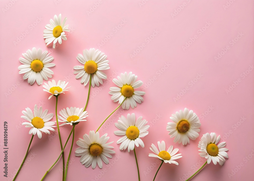 Obraz premium Minimal styled concept. White daisy chamomile flowers on pale pink background. Creative lifestyle, summer, Copy space, flat lay, daisy flowers, top view