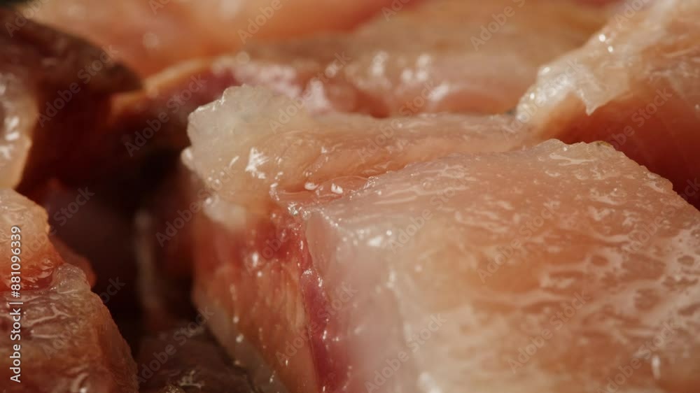 Pieces of herring fish are lying on a plate close-up macro. Herring fillet in oil and spices. Marinated cut fish for appetizer. Seafood products Pieces of herring fish are lying on a plate close-up macro. Herring fillet in oil and spices. Marinated cut fish for appetizer. Seafood products