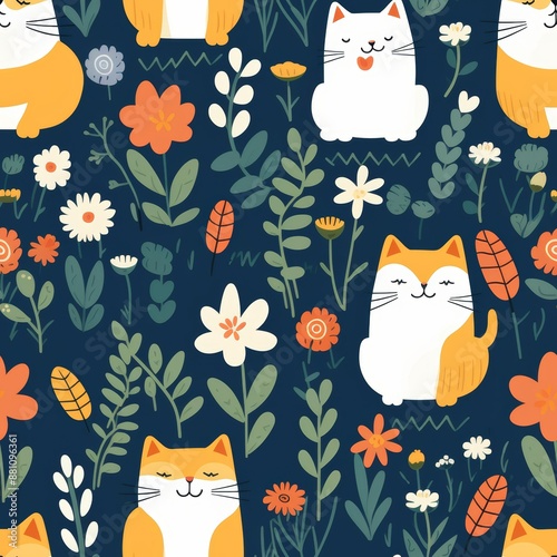 Seamless pattern of a cute drawn catsand flowers. A tileble wallpapers with dark background