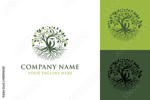 Owl and Tree Roots Logo Design Template.