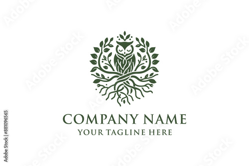 Owl and Leaf Branch Logo Design Template.