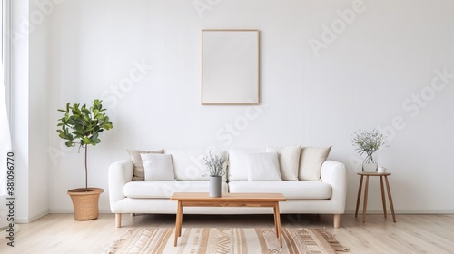Minimalistic Living Room with White Sofa and Wooden Furniture