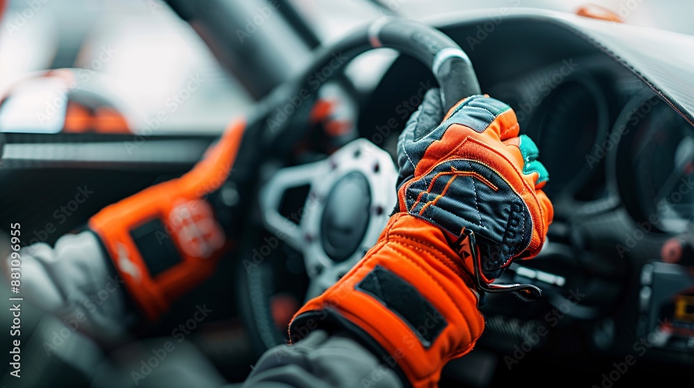 Close-up of Hands in Racing Gloves on Steering Wheel Close-up of Hands in Racing Gloves on Steering Wheel