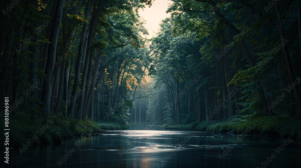 Obraz premium Serene Forest River at Dawn