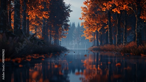 Serene Autumn Forest with Orange Foliage Reflecting in Water