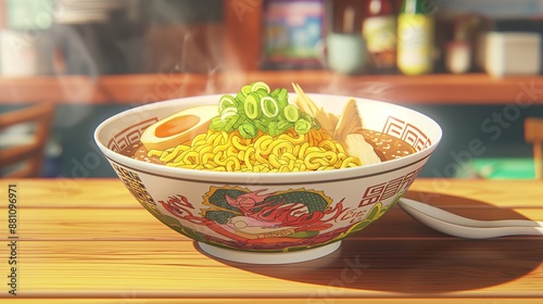 cute bowl of anime style ramen with global fusion, like curry flavor. Anime food, anime background