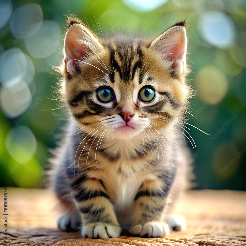 Fototapeta premium Cute siberian kitten over bright green grass background