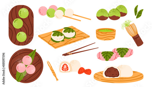 Set of different mochi: sakura, warabi mochi, dango, daifuku. Traditional Japanese sweet dessert. Asian rice cake. Healthy, organic sweets. Isolated vector illustration in cartoon style