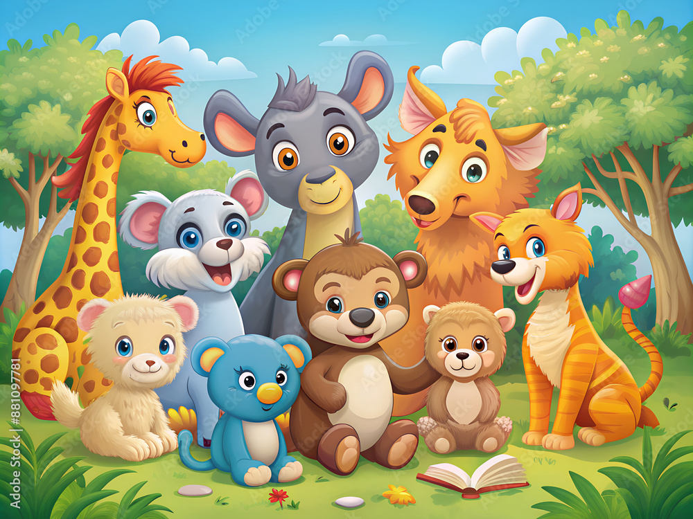 Naklejka premium Illustration of a group of animals at the jungle