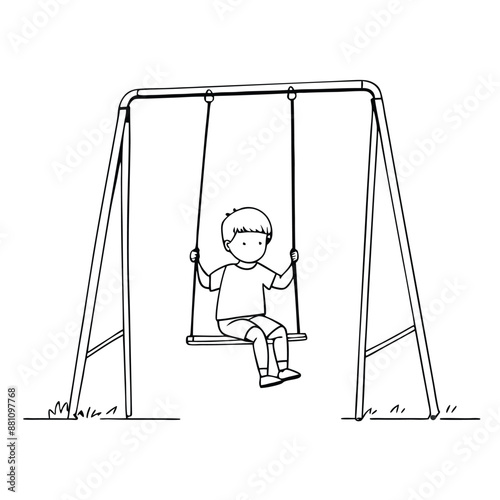 child on a swing set, focusing on capturing, line art vector illustration. 