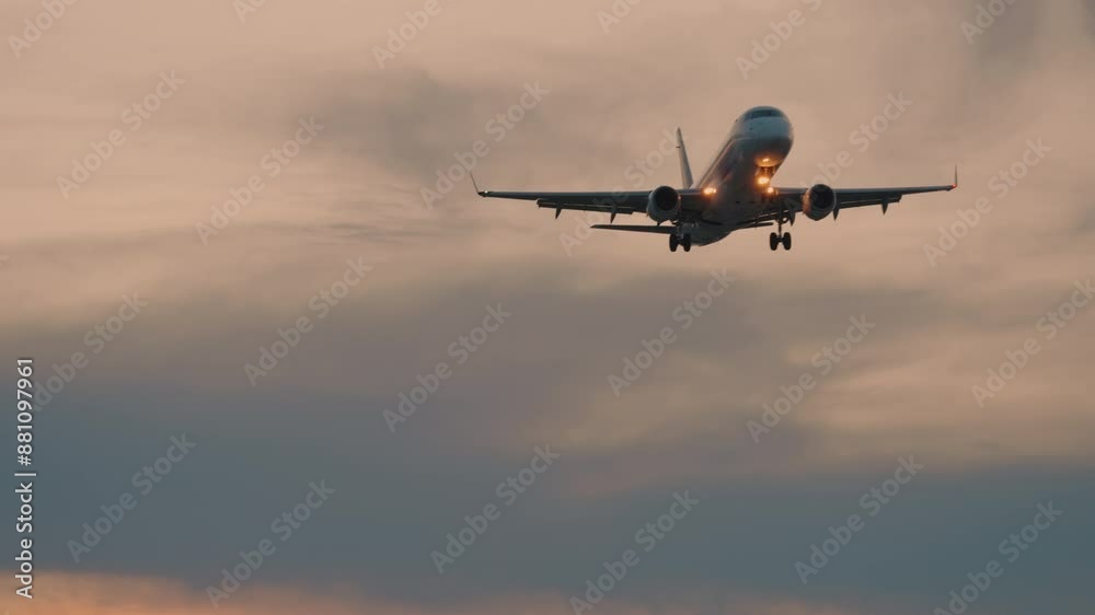 Front view silhouette of passenger airplane flies overhead landing in slow motion. Close-up of aircraft flying with landing gear lands in evening cloudy sky, sunset clouds, orange heaven background Front view silhouette of passenger airplane flies overhead landing in slow motion. Close-up of aircraft flying with landing gear lands in evening cloudy sky, sunset clouds, orange heaven background