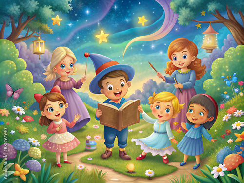 A group of children are gathered around a boy reading a book. The children are all smiling