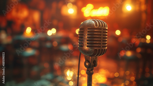 A vintage microphone stands on the stage of an empty theater, with warm orange lights creating a cozy atmosphere. The background is blurred to emphasize the center focus and create depth in the scene.