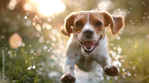 A spirited dog leaping through a sunlit grassy field with water droplets in the air, radiating joy and boundless energy, and a sense of adventure in nature. photo