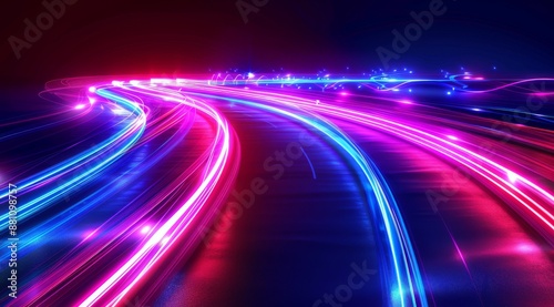 Abstract background with colorful glowing light lines in the shape of speed motion, red and blue colors, curved shapes © Cetin