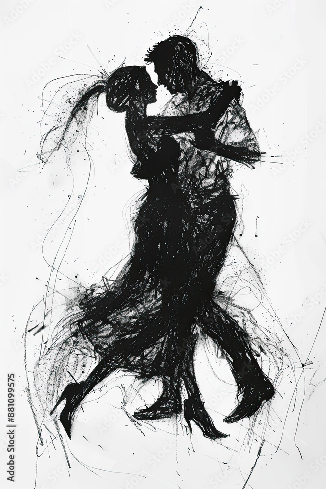 Fototapeta premium A black and white sketch of a couple dancing