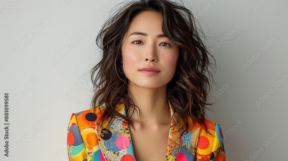 Playful Asian young woman in a colorful suit with a fun expression against a white background Playful Asian young woman in a colorful suit with a fun expression against a white background