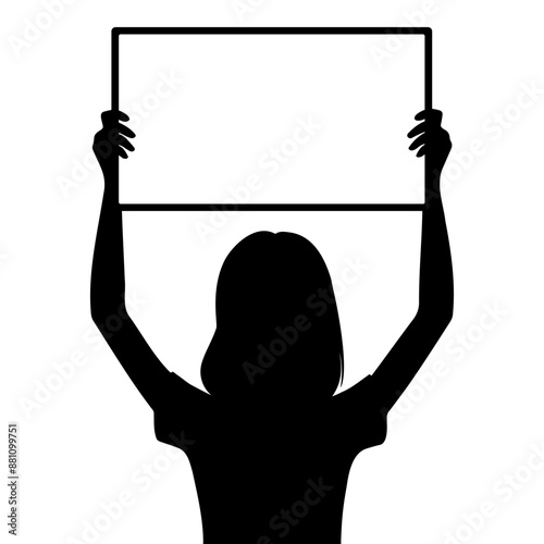 Silhouette of a girl holding up an empty sign board. vector illustration