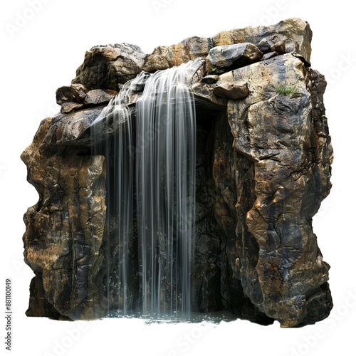 Isolated decorative waterfall with cascading water over rocks, suitable for garden design