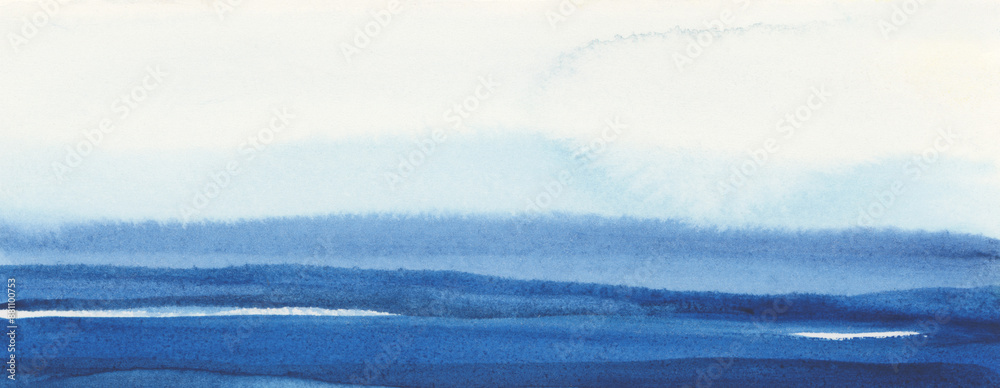 Obraz premium Ink watercolor hand drawn smoke flow stain blot painting on wet paper texture horizontal long background. Blue pastel colors landscape.