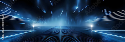 dark abstract background with blue neon lines and spotlights